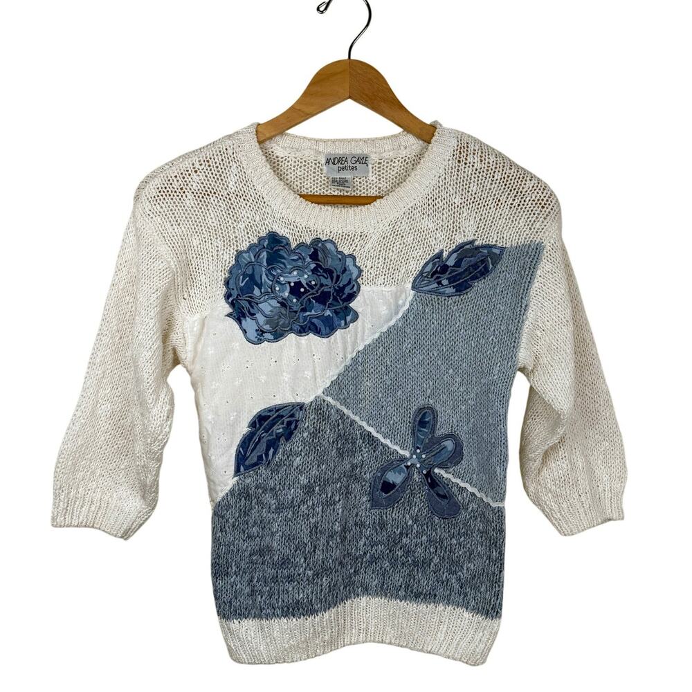 Vintage Andrea Gayle Cotton Blend Mixed Media Floral Applique Sweater PS 80s